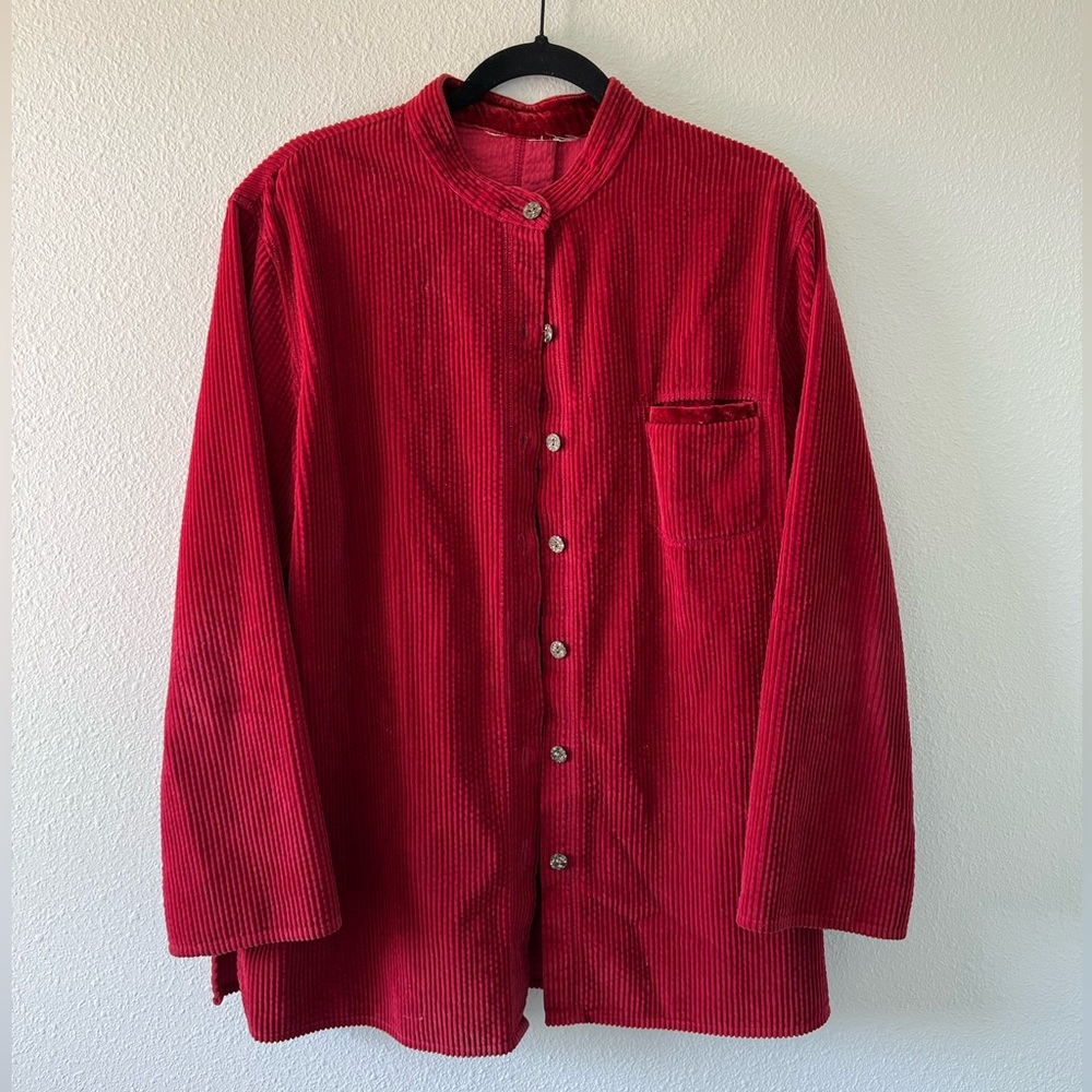 Red Corduroy Button Up with Band Collar
